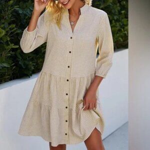 New Tan & White Gingham Seersucker Checked Loose Fit Tiered Shirt Dress S